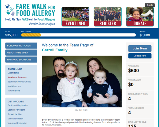 FARE Walk For Food Allergy 2016 - Carroll Family Team Page