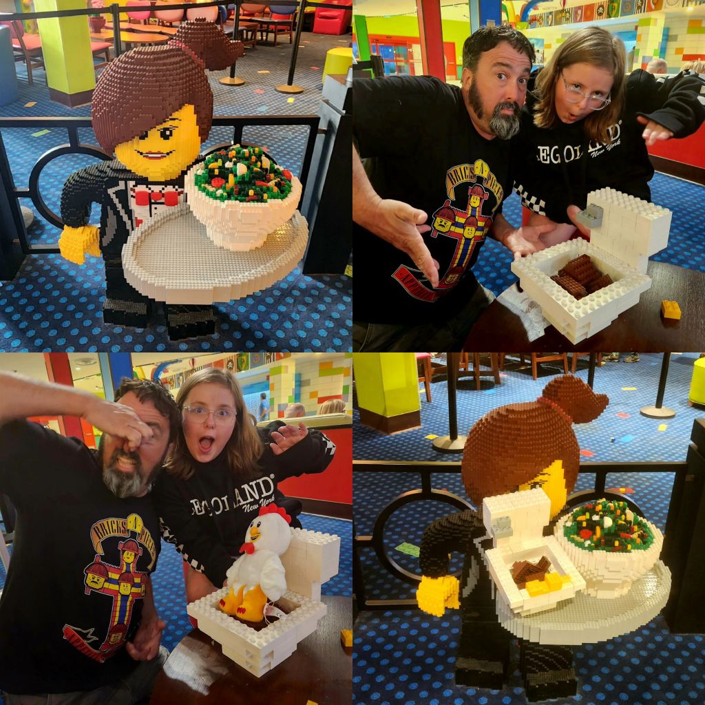 Sophisticated art.  Finely schooled LEGO and Duplo artists add to an existing art installation, to make several high-brown political and societal statements.

OR

A Duplo toilet featuring a LEGO poop put on a serving tray next to a salad on a minifigure LEGO sculpture.