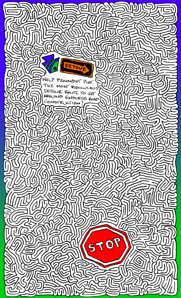 A maze with a DETOUR theme referencing PennDOT, or the Pennsylvania Department of Transportation.