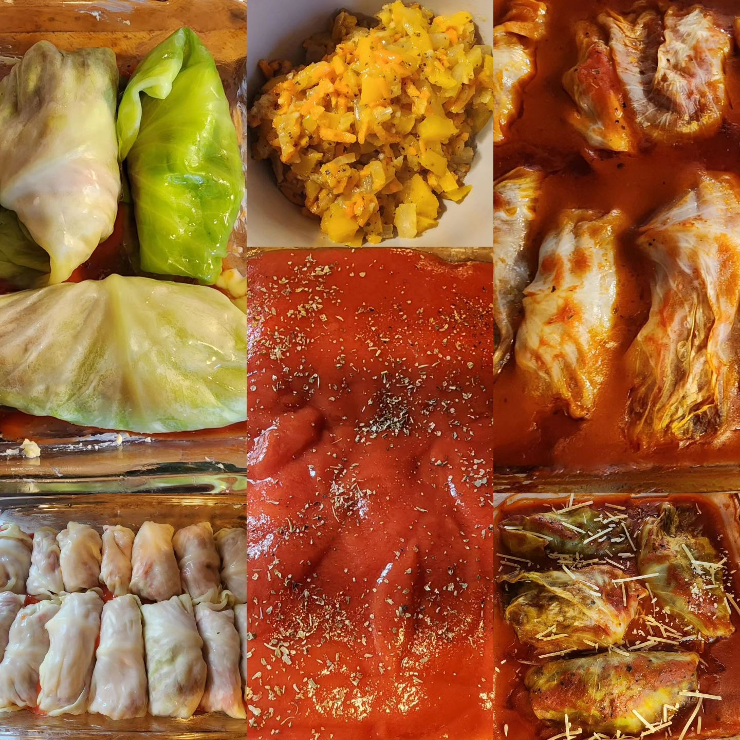 A collage of my ingredients putting together the stuffed cabbage.